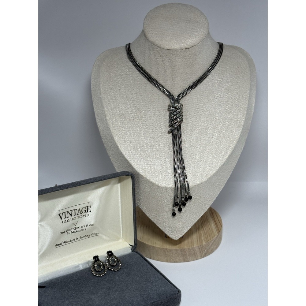 Vintage Creations Sterling Silver Marcasite Onyx Necklace Earrings Set 32g